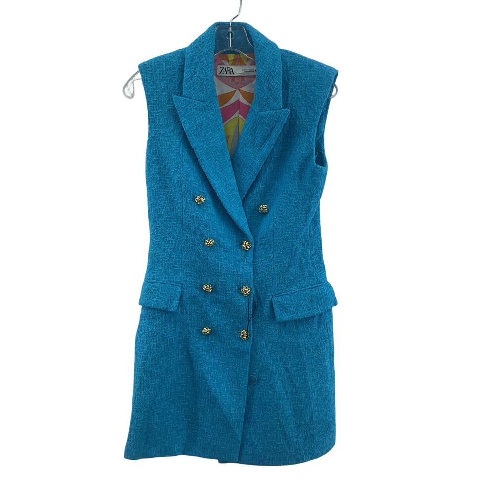 Zara Teal Sleeveless Double-Breasted Tweed Mini Dress with Gold Buttons